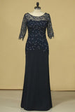 2022 Mother Of The Bride Dresses Scoop 3/4 Length Sleeve Dark Navy Spandex & Lace With P243GPXH