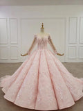 Elegant Ball Gown Pink Long Sleeves Appliques Prom Dresses, Quinceanera STG20481