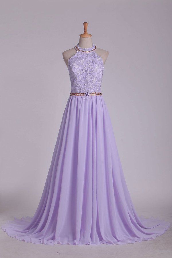2022 Prom Dresses A Line Halter Chiffon & Lace With Beading Sweep Train Open PMRQ9JFP