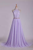 2022 Prom Dresses A Line Halter Chiffon & Lace With Beading Sweep Train Open PMRQ9JFP