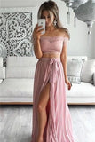 2024 Graceful Two Pieces Prom Dresses A Line Chiffon Boat Neck With Lace Bodice PZQ6J3SH