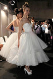 A Line Strapless Sweetheart Organza Tea Length Wedding Dresses Prom STGP4QYSTKF