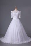 2022 Mid-Length Sleeves Boat Neck Wedding Dresses A Line Tulle With Applique And PXYA5QZT
