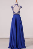 2024 Chiffon Scoop A Line Cap Sleeves With Beading Prom PK4BKHQY