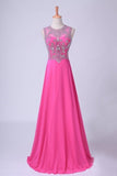 2024 Scoop A-Line Chiffon&Tulle Floor-Length Prom Dresses With Beads PDHB8NG4