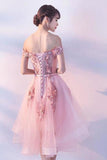 Pink Lace Tulle Short Prom Dress Off-the-Shoulder Appliques Lace up Homecoming Dresses STGPST13190