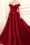 Charming Red Lace Off the Shoulder Prom Dresses, V Neck Handmade Flowers Party Dresses STG15121