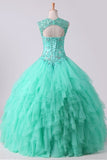 2022 Mint Sweetheart Floor Length Beaded Bodice Quinceanera Dresses Tulle Ball PC88FPDT