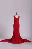 2024 Spandex V Neck Sheath Evening Dresses With Applique And Bow Knot PSSC32LY