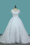 2022 Mermaid Tulle Scoop Short Sleeve Wedding Dresses With Applique And Sash PP34MKHZ