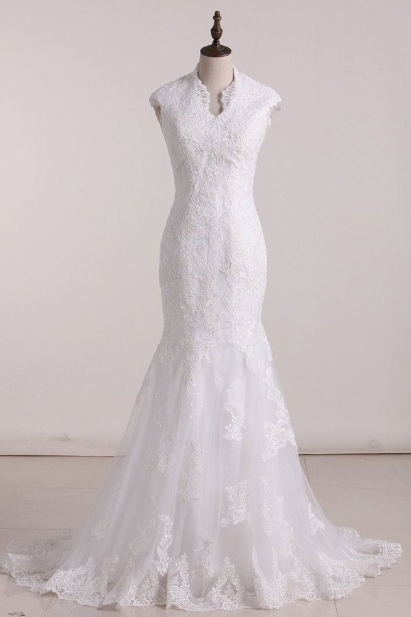 2022 Mermaid V Neck Wedding Dresses Tulle With Applique And Sash P3P818HQ