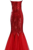 Largos Sparkly Mermaid Strapless Trumpet Fitted Tulle Sequin Long Prom Dresses