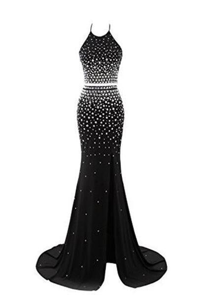 Luxury Crystal Prom Dress Halter Neck Mermaid Long Evening Party Gown