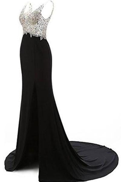 V-Neck Crystal Beaded Mermaid Black Long Prom Dress Slit Side