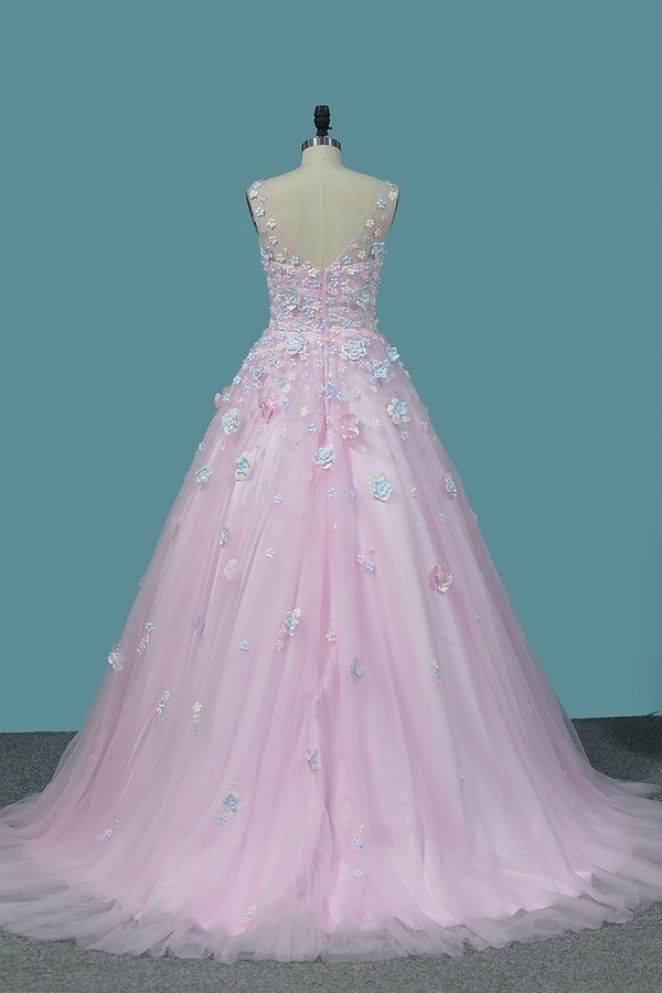 2022 Quinceanera Dresses A-Line Tulle With Applique Sweep PHQDA2D5