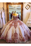 Champagne Tulle Rosewood Appliques Sweet Heart Neckline Ball Gown Quinceanera Dresses Prom STGPCTTJKBL