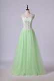 2024 Sweetheart Prom Dress A Line Tulle Skirt With White Applique PSPH4AD7