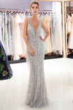 Sexy Mermaid Deep V Neck Sliver Sequined Long Prom Evening Dresses With Sweep Train