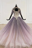 Sparkly Ball Gown Ombre Half Sleeves Jewel Long Prom Dresses, Beads Quinceanera Dresses STG15601