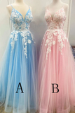New Spaghetti Strap Floor Length A Line Tulle Prom Dress With Appliques Formal STGP3CZ9RMF