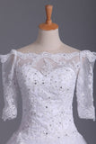 2022 Mid-Length Sleeves Boat Neck Wedding Dresses A Line Tulle With Applique And PXYA5QZT