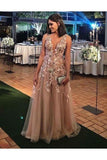 A-Line V Neck Appliques Floor Length Prom Dresses Tulle Evening STGP82T3LY5