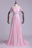 2024 Boat Neck Prom Dress Ruched Bodice A Line With Layered Chiffon Skirt Court PB3MZ2EF