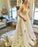 A-line 3D Lace Appliques V Neck Strapless Wedding Dresses Chapel Train Wedding Gowns