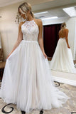 A Line Halter Tulle Wedding Dress with Top Lace, Backless Beach Wedding Dresses STG15547