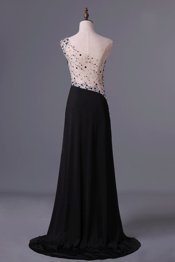 2022 Prom Dresses A Line One Shoulder With Slit And Beading Sweep P7QBSE9B