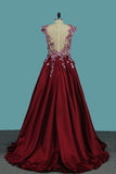 2024 Satin Scoop A Line Prom Dresses With Applique And Handmade PYHNTQMP