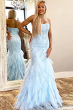 Mermaid Lace Appliques Prom Dress With Ruffles Strapless Long Evening STGP75RA7RH