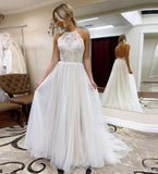 A Line Halter Tulle Wedding Dress with Top Lace, Backless Beach Wedding Dresses STG15547