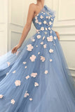 Charming One Shoulder Blue Tulle 3D Flowers Prom Dresses, Long Cheap Dance Dresses STG15119