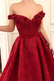 Charming Red Lace Off the Shoulder Prom Dresses, V Neck Handmade Flowers Party Dresses STG15121