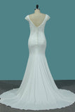 2024 Bateau Short Sleeves Wedding Dresses Open Back Spandex PYNFY5X8