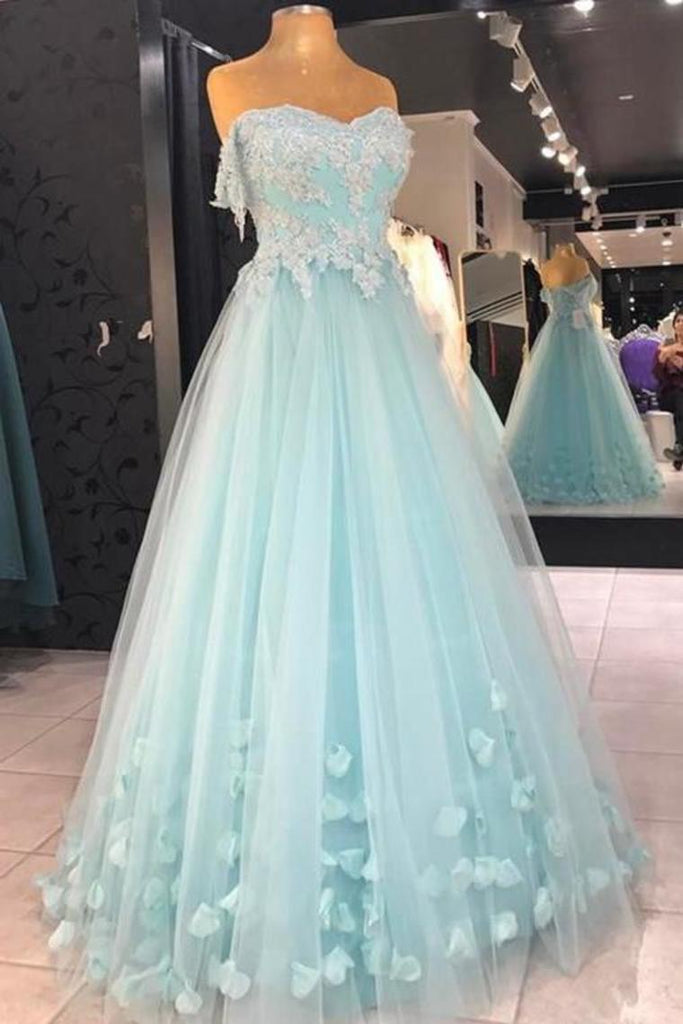 Cheap A Line Strapless Floor Length Tulle Prom Dress With Flowers Appliqued Formal STGPS5H8PGM