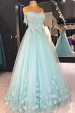 Cheap A Line Strapless Floor Length Tulle Prom Dress With Flowers Appliqued Formal STGPS5H8PGM