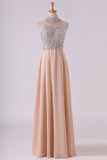 2024 High Neck Prom Dresses A Line Chiffon With Beading Sweep PHHNSF3P