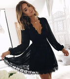 Chic Black Deep V Neck Long Sleeves Lace Homecoming Dress, Black Short Prom Gowns STG14968