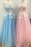 New Spaghetti Strap Floor Length A Line Tulle Prom Dress With Appliques Formal STGP3CZ9RMF