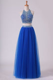 2024 Halter Two Pieces A Line Prom Dresses Beaded Bodice Tulle Floor PRPMYX4A