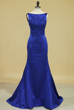 2024 Bateau Open Back Evening Dresses Mermaid Satin With PMCDT8FY