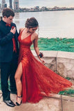 Sparkly V Neck A Line Red Spaghetti Straps Prom Dresses with Slit, Evening STG15675