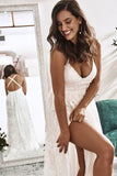 Elegant A Line V Neck Lace Ivory Beach Wedding Dresses with Slit, Bridal Gowns STG15579