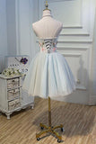Cute Blue Strapless Tulle Homecoming Dresses with 3D Flowers Lace up Dance Dresses STG14970