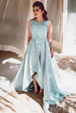 2024 A Line High-Low Prom Dresses Scoop Satin With Appliques PP92G9MR