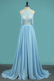 2024 Halter Chiffon A Line Prom Dresses With Applique And Slit P4XD85A7