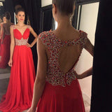 Open Back Red Chiffon V-Neck Cap Sleeve Lace A-Line Beads Prom Dresses