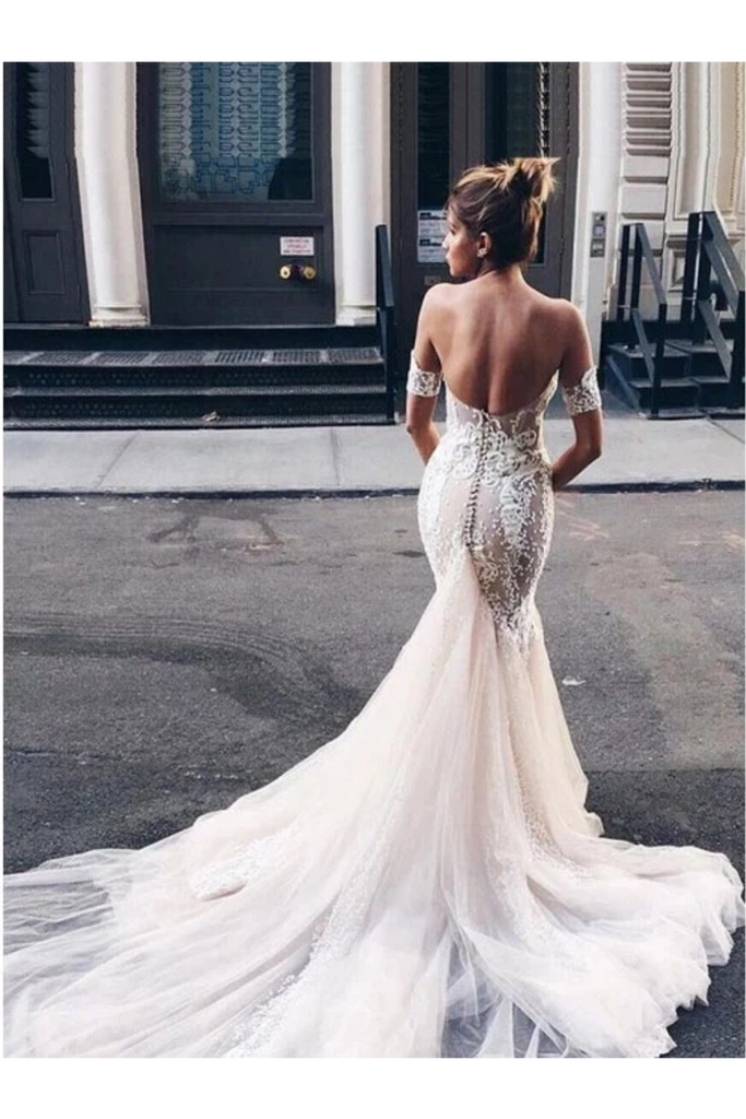 Charming Mermaid Sweetheart Backless Tulle Wedding Dresses With STGPH8491GT